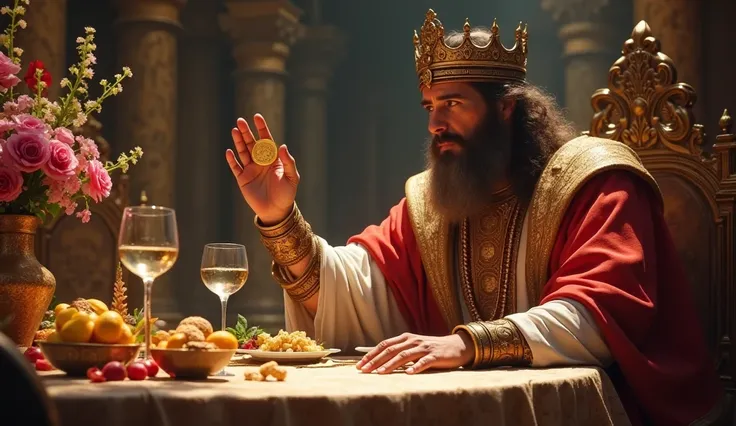 King Solomon, nearly 3000 years ago, sits at a richly adorned banquet table. He holds a gold coin in one hand and gestures toward a servant with the other, illustrating his second secret rule about money and the importance of generosity and stewardship.