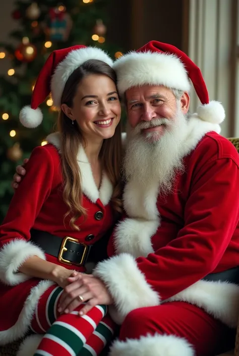 Christmas elf woman smiling wearing striped stockings (sitting with ((Old man who is Santa Claus dress in Santa outfit))), (((full body))), smile, look of love on face, dynamic angle, realistic,