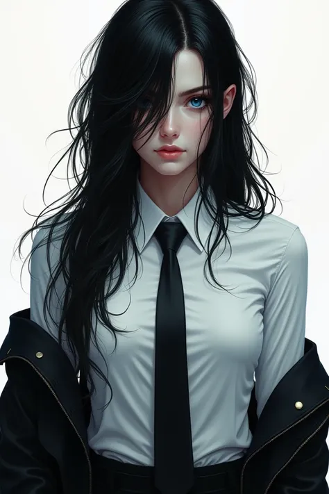  a woman with big blue eyes .   long black hair that covers the right side of her face .  who wears a white shirt ,  a black tie and black pants ,  also a black jacket that she wore hanging half of her body, , which gives it a messy, half-dressed look . 