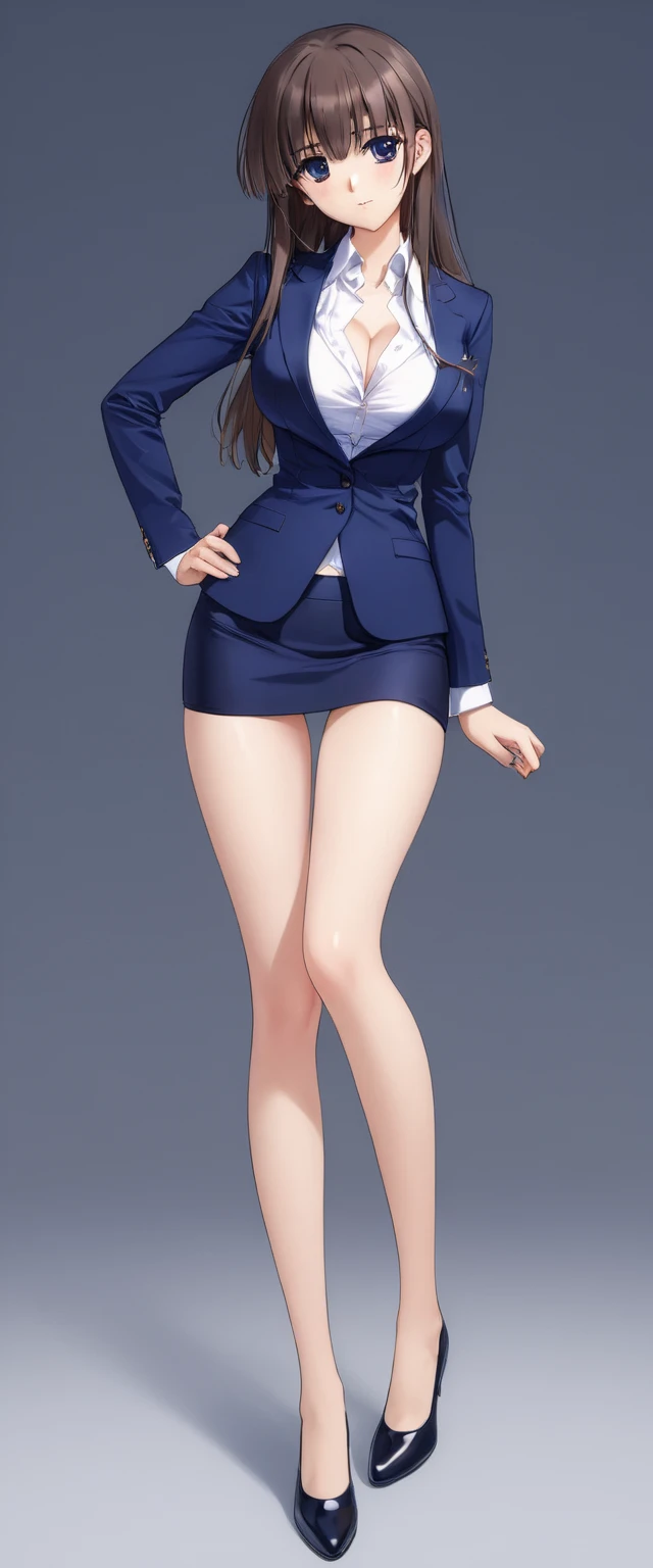 Megumi Kato,  1 girl, Alone, bangs,  brown hair, (((Female lawyer, ( formal suit micro mini skirt,   Micro Mini Pencil Skirt),  white shirt,   Navy Blue Jacket,Big Breasts、 cleavage、Thin legs、The white panties are visible from the hem of the skirt,The whit...