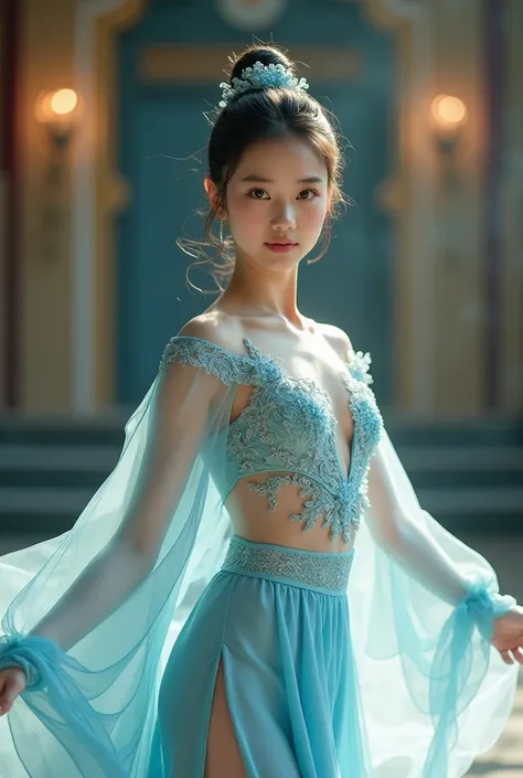 Beautiful 20-year-old Korean girl Turn your face straight and look at the camera,wearing an elegant light blue dance costume adorned with intricate embroidery and detailed patterns. The outfit features a high-necked, semi-transparent top paired with a matc...