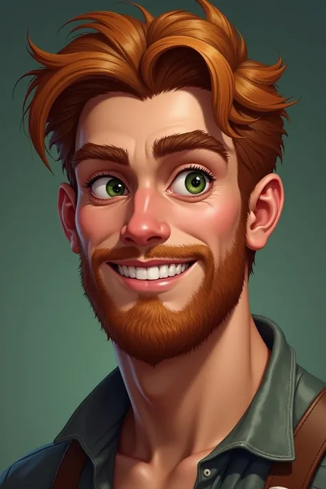 Juvenile man of 40 reddish brown hair , bushy eyebrows,  forest green eyes with long, curved eyelashes, Profiled nose,  average lips outlined cute and sexy smile ,   outlined cheekbones well-groomed short beard  