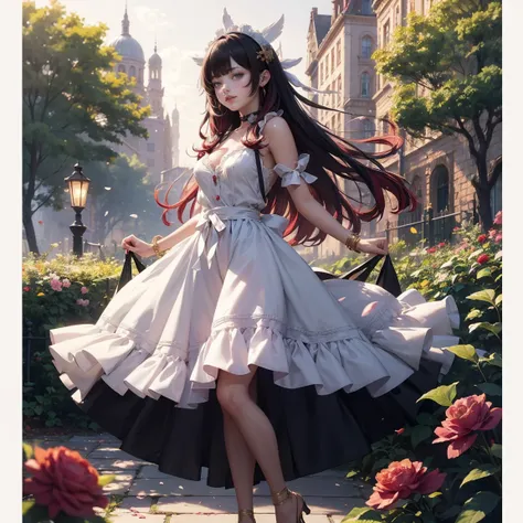 1girl, dress, solo, collarbone, long floating hair, black hair, multicolored hair, pink hair, perfectly body, gold jewelry, jewelry, eye mask, closed eyesmaid, maid dress, perfectly hands, on garden, petals, white roses, centered girl, maid, maid dress, wh...