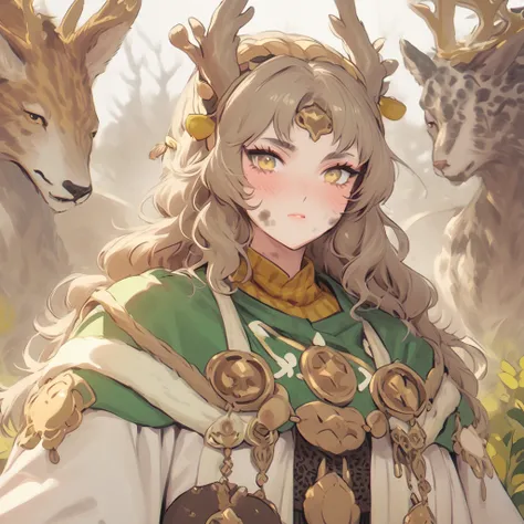 an adult female cat around the age of 25,  wearing Druid clothes in shades of greenish with white and gold with an elk symbol in the middle, She has to be a little dirty and bruised 