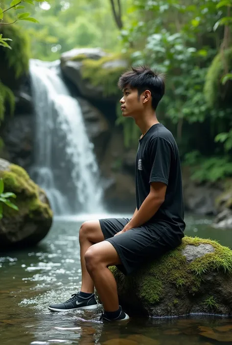 A thin young Indonesian man aged 25 years old black t-shirt shorts nike shoes sits on a small brick rock full of mossy rocks watching wild leaf plants flowing waterfall in a beautiful nature reserve.natural visualization effects ultra HD clear picture  