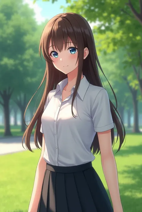 best quality, masterpiece, ultra high res, (photo realistic:1.4), a girl, medium breasts, big blue eyes, brown hair, white button shirt, black skirt, school uniform, cute, young, posing, very long hair, looking at viewers, park, 