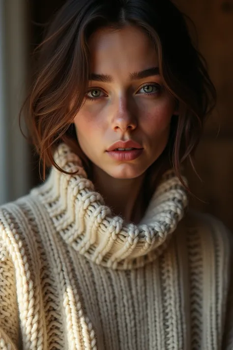 realistic photograph of a woman wearing a sweater, ( masterpiece:1.0), ( better quality :1.0),  ultra detailed , MEDIUM SHOT