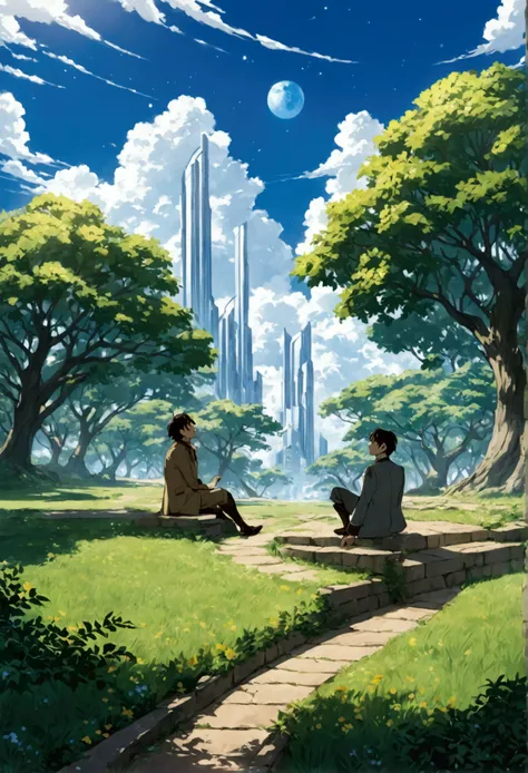 Detective conan style.
Frame 1
(A view of the bright sky of a futuristic utopia. Two characters are sitting looking at the sky in a park.)
Conan: "You know, sometimes I feel like this world is too perfect. Its... like a utopia."
Kuroba kaito: (looking up a...