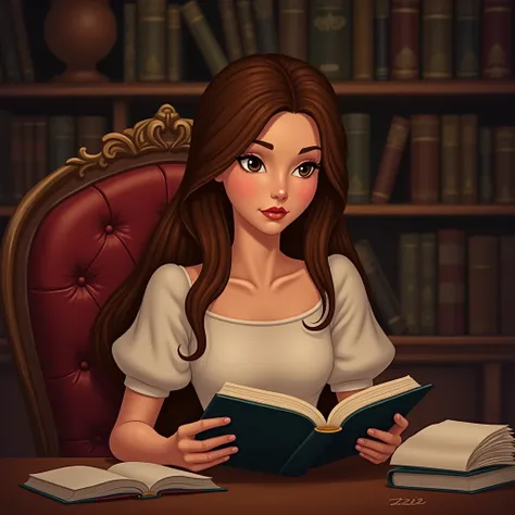 very beautiful classic disney princess, straight brown long hair, brown eyes, light skin, european, long oval shaped face, serious, reading a book
