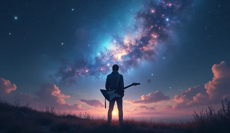 A powerful, surreal scene of a lone guitarist standing with his back turned, holding an electric guitar, facing a massive, constellations,night sky,starry galaxy,vivid colors,dreamy atmosphere,shimmering lights,celestial beings,magical starlight,glowing ne...