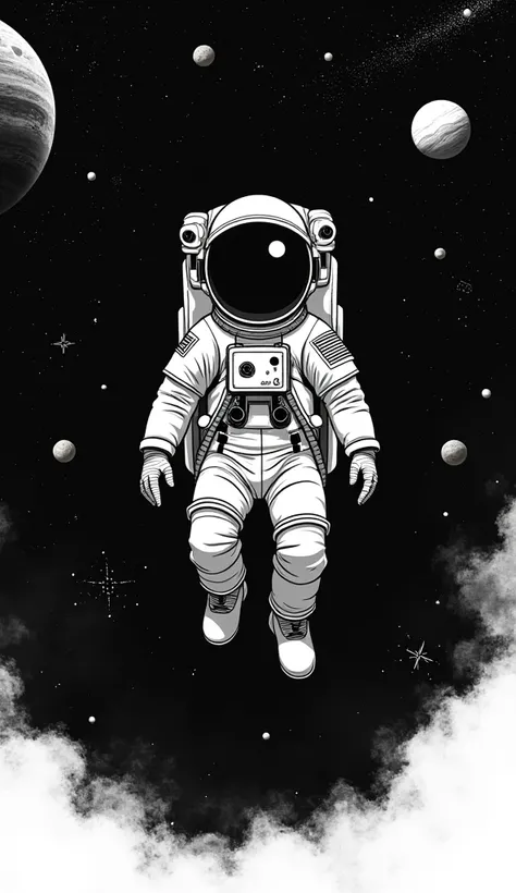 "Design an astronaut floating in space with planets and stars, drawn as a black-and-white outline."