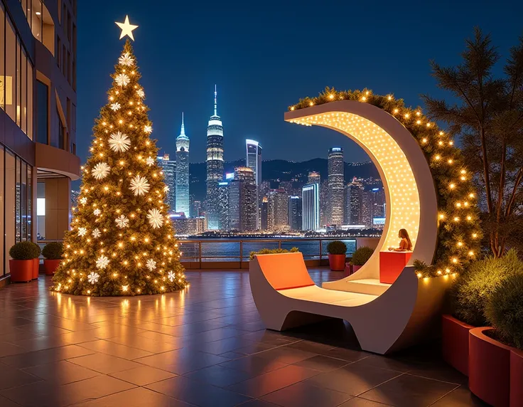 ( high quality, Super detailed,  realism,  ultra-high accuracy , HD) Evening city, outdoor photo zone , New Year, Elegant Christmas tree ,  month-shaped bench, garland 