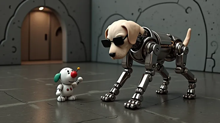 (aerial view). realistic portrait, a robotic Labrador puppy with black micro sunglasses, 1dog, playing with a small clown toy, simple outlined sci-fi tunnel in the background.