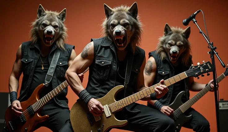 realistic 3 member fierce werewolf rock band, guitarist, bassist, drummer, detailed members, dynamic action pose, dramatic lighting, gritty grunge texture, cinematic composition, warm color palette, chiaroscuro lighting, high contrast, detailed facial feat...