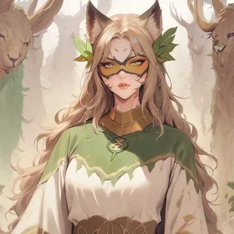 a cat woman, with Druid clothes in shades of green ,  white and gold with an elk symbol in the middle, She has to be a little dirty and bruised 