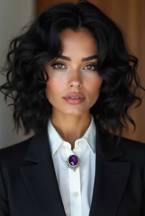  with curly black hair with brown eyes and a white blouse with purple ornament and a black suit.