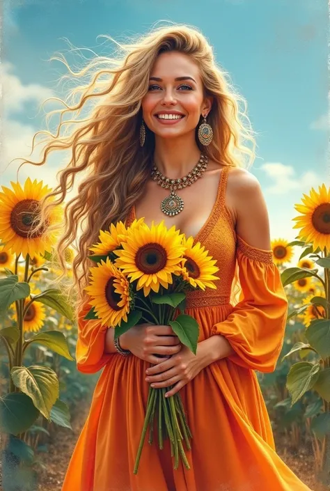 A stunning watercolor painting of a radiant Bohemian woman, exuding joy and happiness. She gracefully holds a vibrant sunflower bouquet, the flowers heads nodding gently. Her long, golden hair flows gracefully over her shoulders, framing her face. She wear...