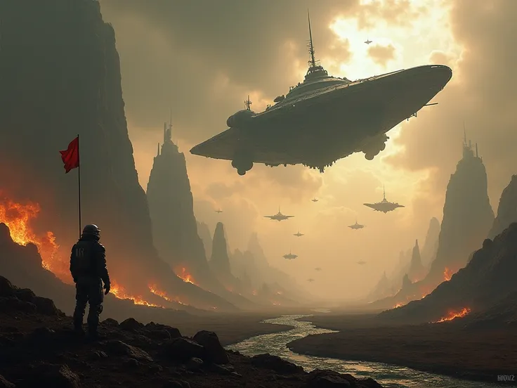 "An alien fleet hovering ominously over a hostile, desolate planet filled with deadly landscapes—swarms of violent storms, toxic swamps, and towering mountains. In the distance, a massive alien ship looks down at a human flag raised high amidst the chaos. ...