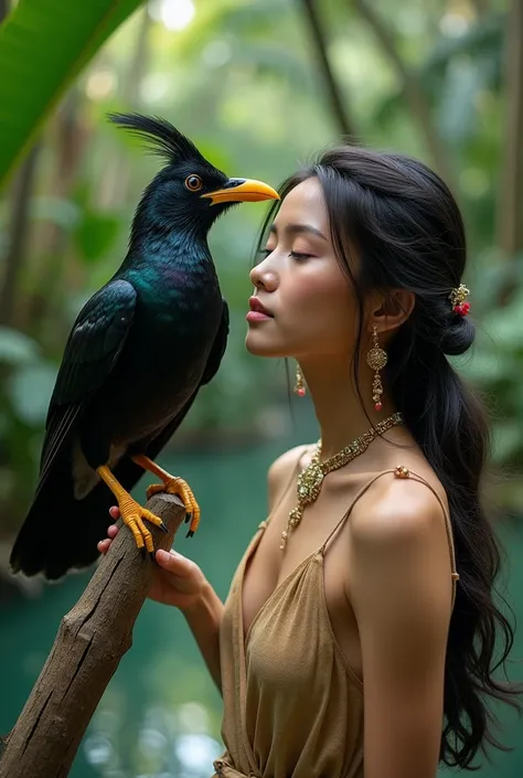 Balinese starling stands with one beautiful woman
