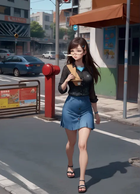 office woman, walking, crossing road,  bus stop, (+forehead,  black hair, shoulder-length hair, half up half down, hairclip), black 3/4 sleeves polo shirt,  denim pencil mini skirt, flat sandals, BREAK, (1girl, solo, full body), (best quality,4k,8k,highres...