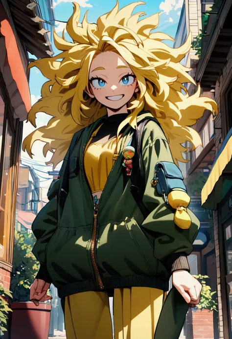 My hero academia, girl with long yellow messy hair, blue eyes, smiling, tall, hourglass figure, street clothes