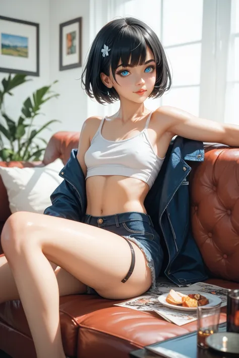  girl ,  blue eyes,  Short hair,  Black hair ,  is sitting on the sofa, small breasts, широкие бедра, белый купальник, черные колготки