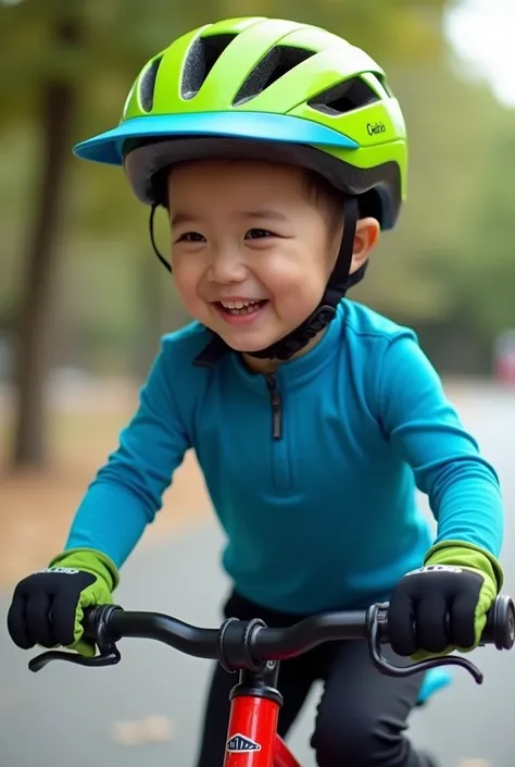  helmet with a shirt hem that fits the body

GREEN AND BLUE DESIGN 。
額に通気口がある。
 facial expression and posture

。
 without pedals （With logo）。
 safety-focused style with a smile 。
 black pants。
 covers both hands well 。
 clothes

blue long sleeve shirt 。
 B...