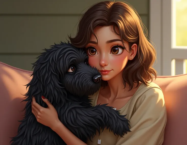 woman with shoulder-length brown hair, brown eyes with a medium-sized black puppy,  hairy. 