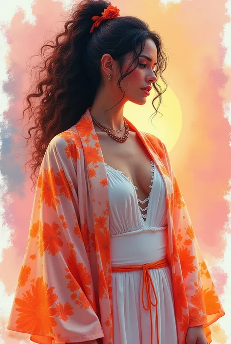 A stunning watercolor painting of a Bohemian woman with dark, curly hair styled into a loose bun. She dons an exquisite cream kimono adorned with bold orange and red floral patterns, draped elegantly over a simple white dress. The background captures the e...