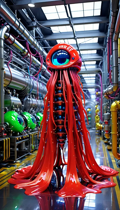 No one is there ,  Reality Photography,  Reality Photography, Realistic pictures of colorful slime-shaped monster-like creatures, Cutting Edge, multicolor glints, Strange , Surreal, Another World,  Robot Factory with Shiny Assembly Plants,  intricate detai...