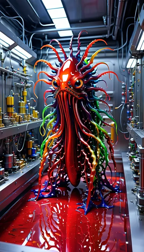 No one is there ,  Reality Photography,  Reality Photography, Realistic pictures of colorful slime-shaped monster-like creatures, Cutting Edge, multicolor glints, Strange , Surreal, Another World,  Robot Factory with Shiny Assembly Plants,  intricate detai...