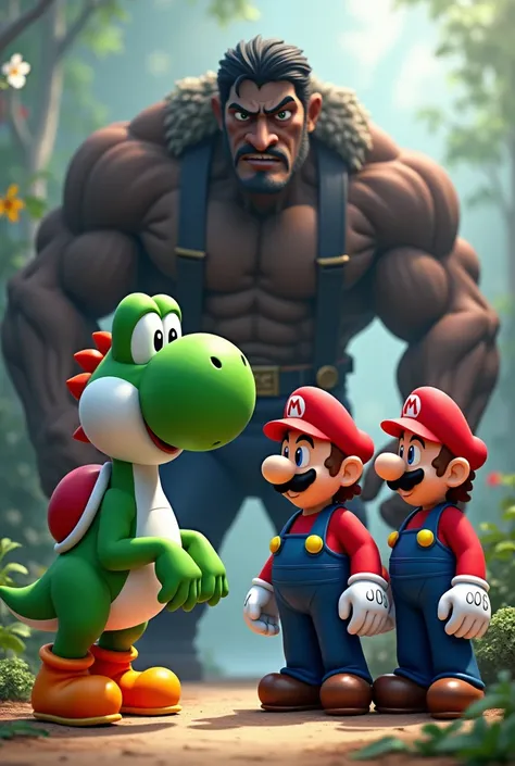 Yoshi talks to Mario and Luigi while a big black individual stands behind them