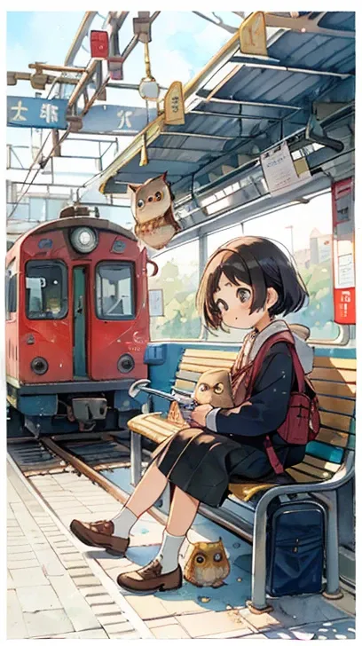 owl:1.5、 cute little 、Many people々 、ふわふわのowl，Im sitting on a train station bench.、bustling train station background、Watercolor、masterpiece，Professional photography