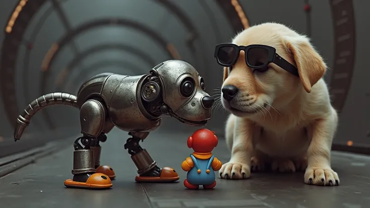 (aerial view). realistic portrait, a robotic Labrador puppy with black micro sunglasses, 1dog, playing with a small clown toy, simple outlined sci-fi tunnel in the background.