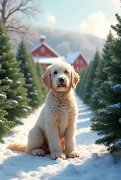 A christmas farm scene with a white goldendoodle