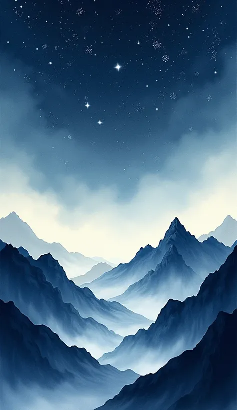 An undulating mountain landscape ，The background is light， ink style，There are stars all over the sky 