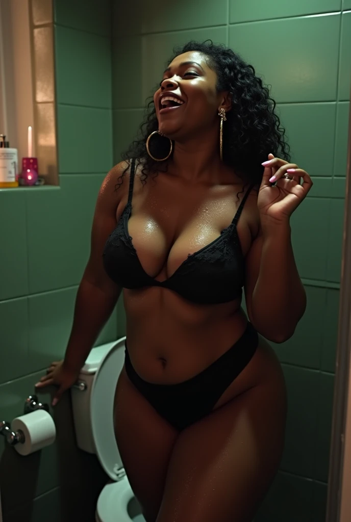 a plus-size sexy Jamaican woman with sensual expression, w earing,black bra and panties, hoop earrings ,dancing seductively in boots, wet with water on her dramatic lighting, cinematic composition, photorealistic, 8k, masterpiece on toilet moaning