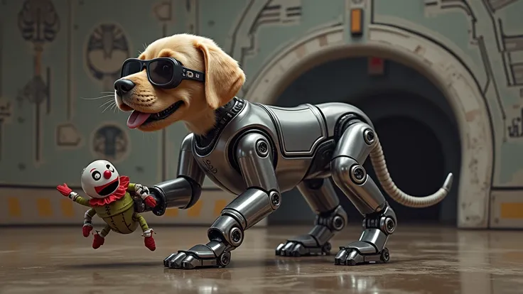 (aerial view). realistic portrait, a robotic Labrador puppy with black micro sunglasses, 1dog, playing with a small clown toy, simple outlined sci-fi tunnel in the background.