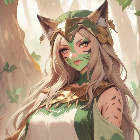 a cat woman, with Druid clothes in shades of green ,  white and gold with an elk symbol in the middle, She has to be a little dirty and bruised 