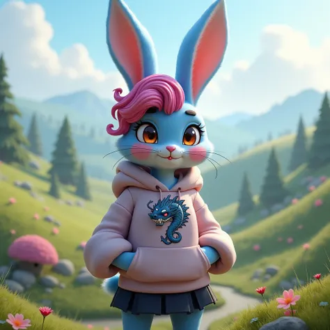 rabbit, furry,  dragon emblem hoodie,  short black skirt,  in the middle of a hill ,  big boobs, blue fur, curled pink hair , amber eyes, lipstick