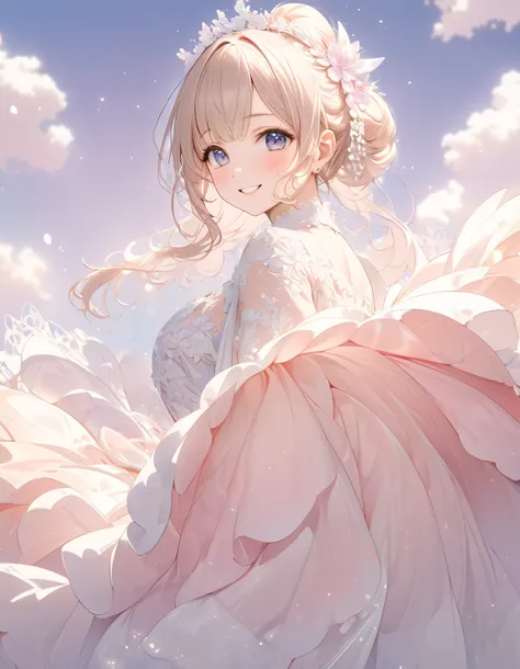 Cute beautiful woman, smile, shy, light makeup, great proportion, Gentle background color scheme, Soft, fluffy and calming effect, Shading Effects, Gradient Magic Effect, (Super detailed, The absolute solution, Highest quality:1.3), 2.5D, delicate and dyna...