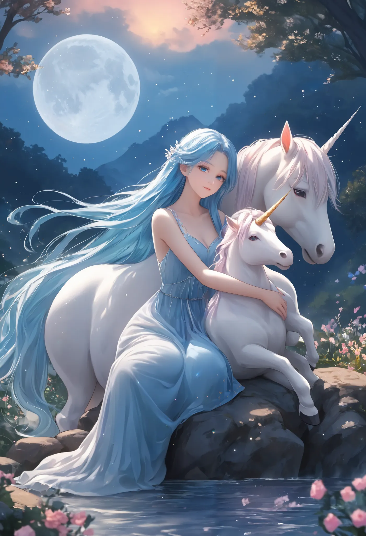 long haired anime girl hugging a white  unicorn' ( unicorn)1 long haired anime girl hugging、smile、   1 anime girl with long hair...