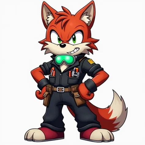 Anthropomorphic wolf character, inspired by the Sonic universe, reddish-striped gray fur with white spots on paws and tail tip. Wearing a black utility jumpsuit with pockets filled with tools. Green, emerald-tinted safety goggles around the neck. Confident...