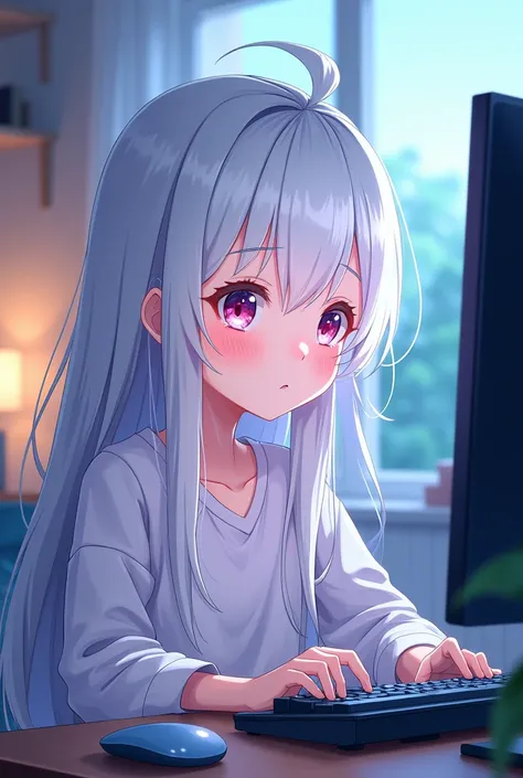 An anime girl with long loose white hair,  playing on the computer  