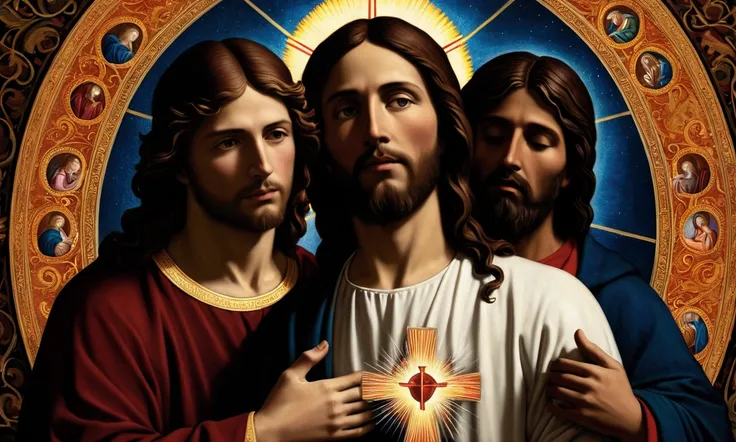  An image for the cover of a religious song ,   hyperrealistic,with JESUS,The Father and the Holy Spirit .