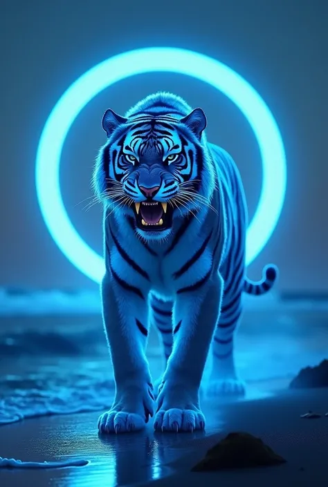 Give me combination of blue circular light and mutant hybrid tiger near sea sight. The hybrid creature should be made of blue circular light with full body and head of tiger looks terrifying. Tiger should have blue circle in body with very sharp teeth and ...