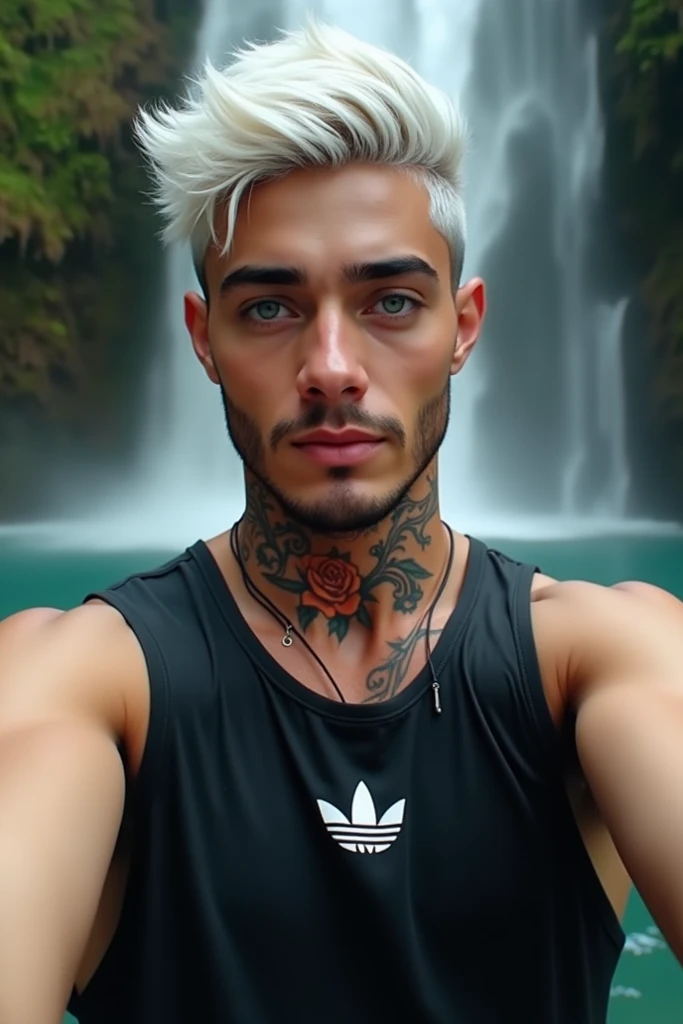 @neko.iaa , white hair,  Blue Eyes, black eyeliner, egyptian skin, with a thin black beard,  rose tattoo on his neck,  expression of happiness,  black vest from Adidas .  Hes taking a selfie .  The bottom is a waterfall .  LoRa ultra realistic image 