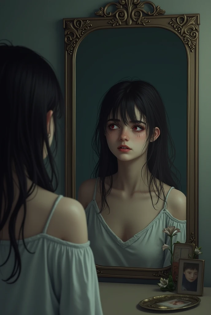 2.  Image of Jésica waking up and looking in the mirror, with an expression of despair and frustration .
