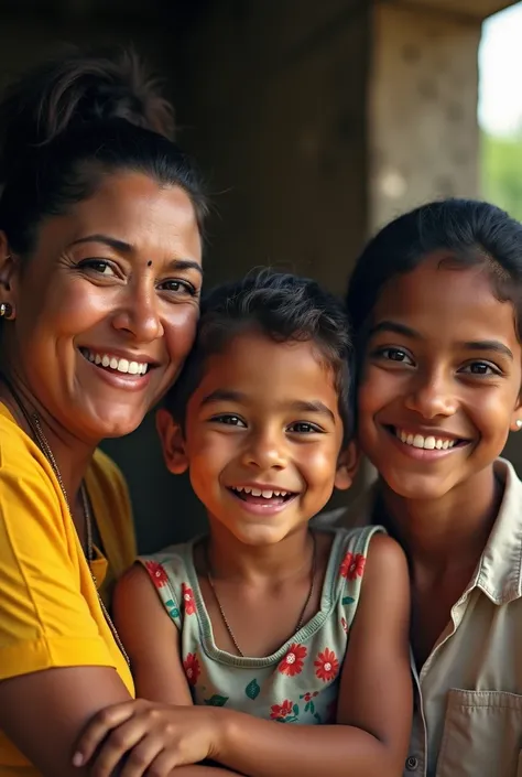 Create a hyper-realistic image showing a Brazilian adult woman, a , and a young adult, all smiling and looking directly at the camera. They represent individuals who benefit from the support of social initiatives like the Programa de Verticalização, which ...