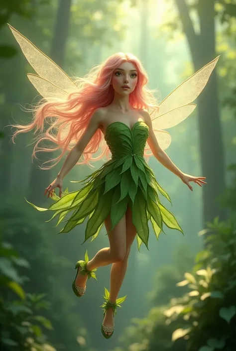 Give me a realistic image of a beautiful fairy-haired fairy tied with a dress made of green leaves and a heel made of green leaf with a pearl at the end of her shoe flying with her shimmering pink wings 